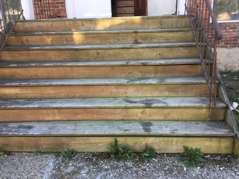 Weathered wooden front steps with weeds at the base, Amityville, NY